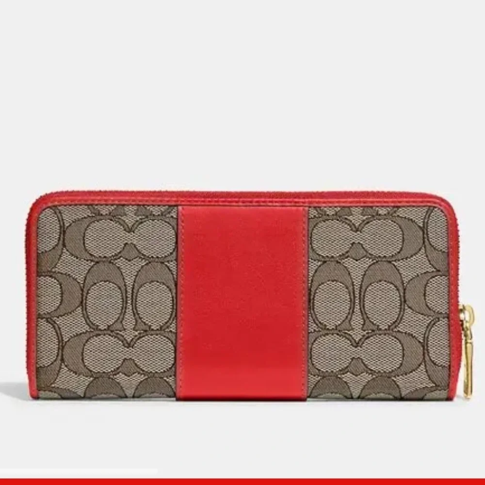 Coach Sport Red and Cocoa Brown Signature Jacquard Zip Accordion Wallet C5731B